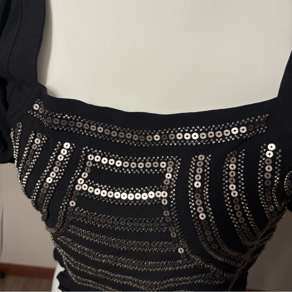 Saltwater Luxe Beaded Sequin Crop Top Black Puff Sleeve Square Neck Blouse M - Picture 5 of 10